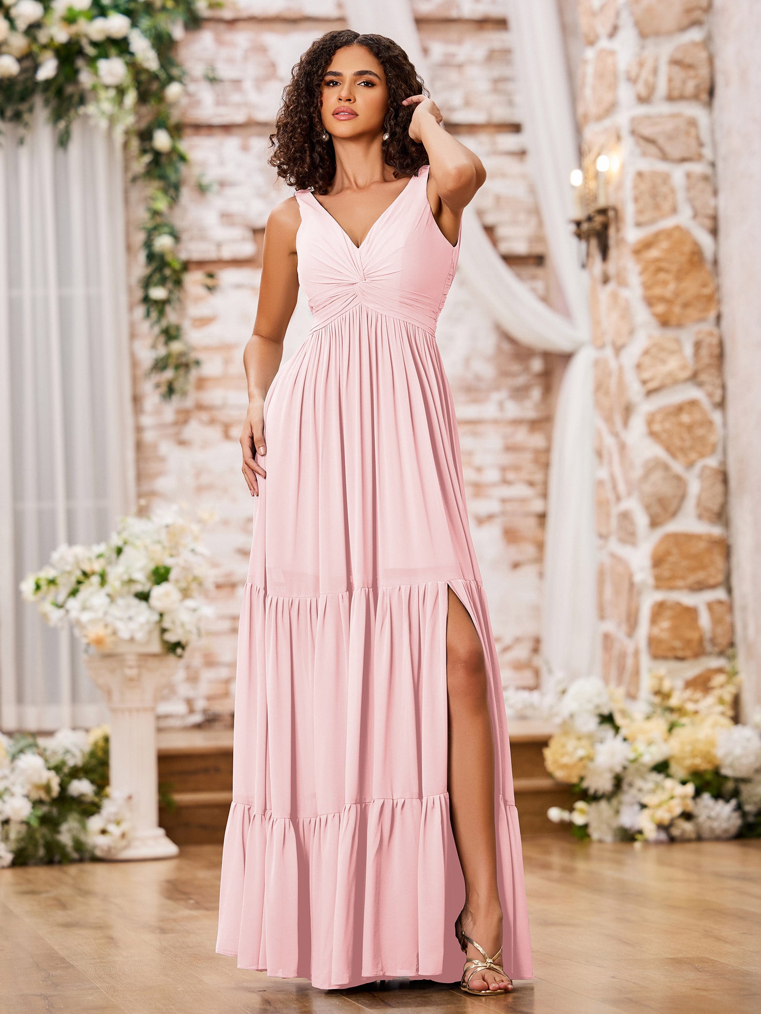 BABARONI Chiffon Blushing Pink Bridesmaid Dresses V-neck Floor-length