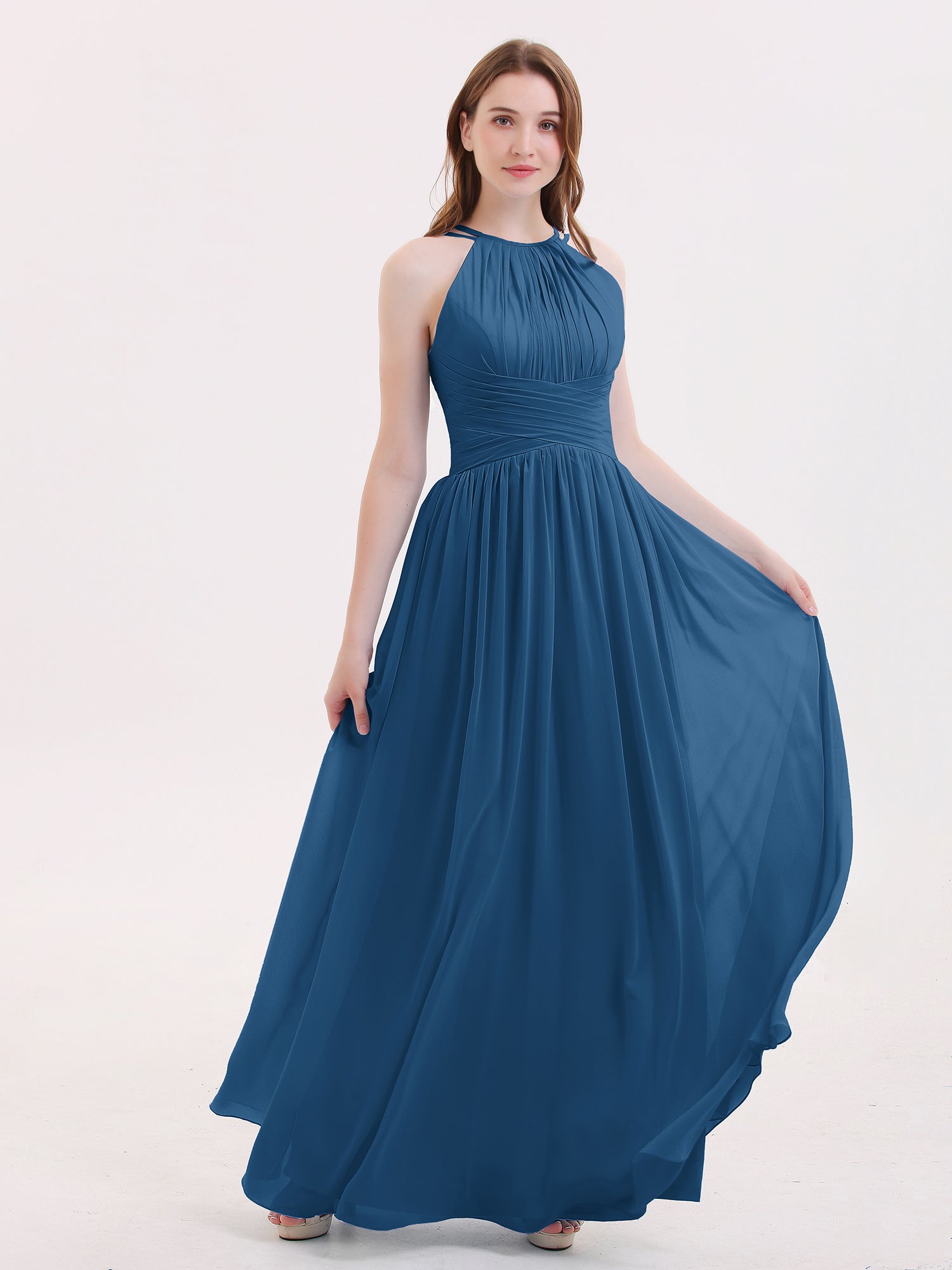 BABARONI Chiffon Ink Blue Bridesmaid Dresses Halter Floor-length Sleeveless Ruched A-line BABARONI Chiffon Ink Blue Bridesmaid Dresses Halter Floor-length Sleeveless Ruched A-line