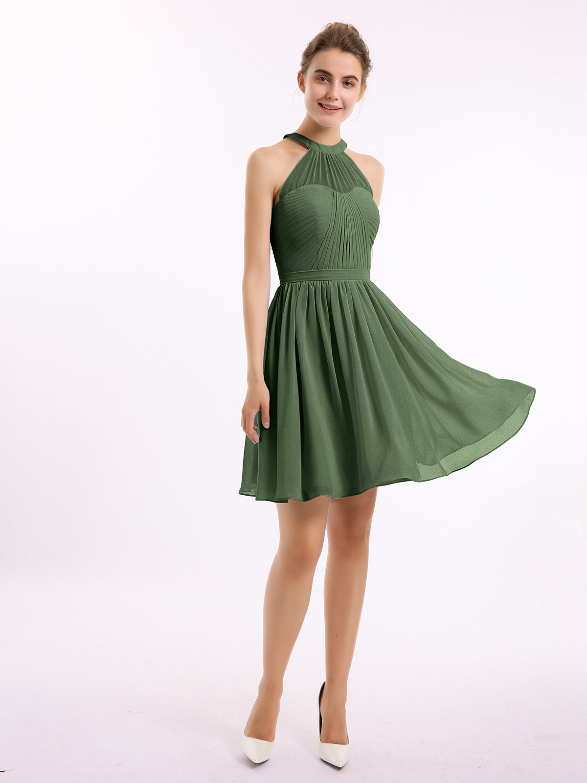 BABARONI Chiffon Halter Short Bridesmaid Dresses Olive Green, Olive Green / US0 BABARONI Chiffon Halter Short Bridesmaid Dresses Olive Green, Olive Green / US0