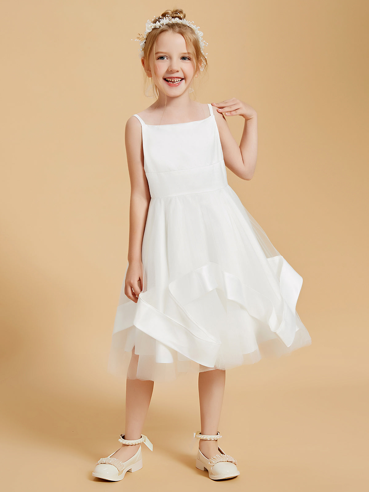 Knee Length Ruched Flowers Round Neck Girl Party Dress with Short Sleeves