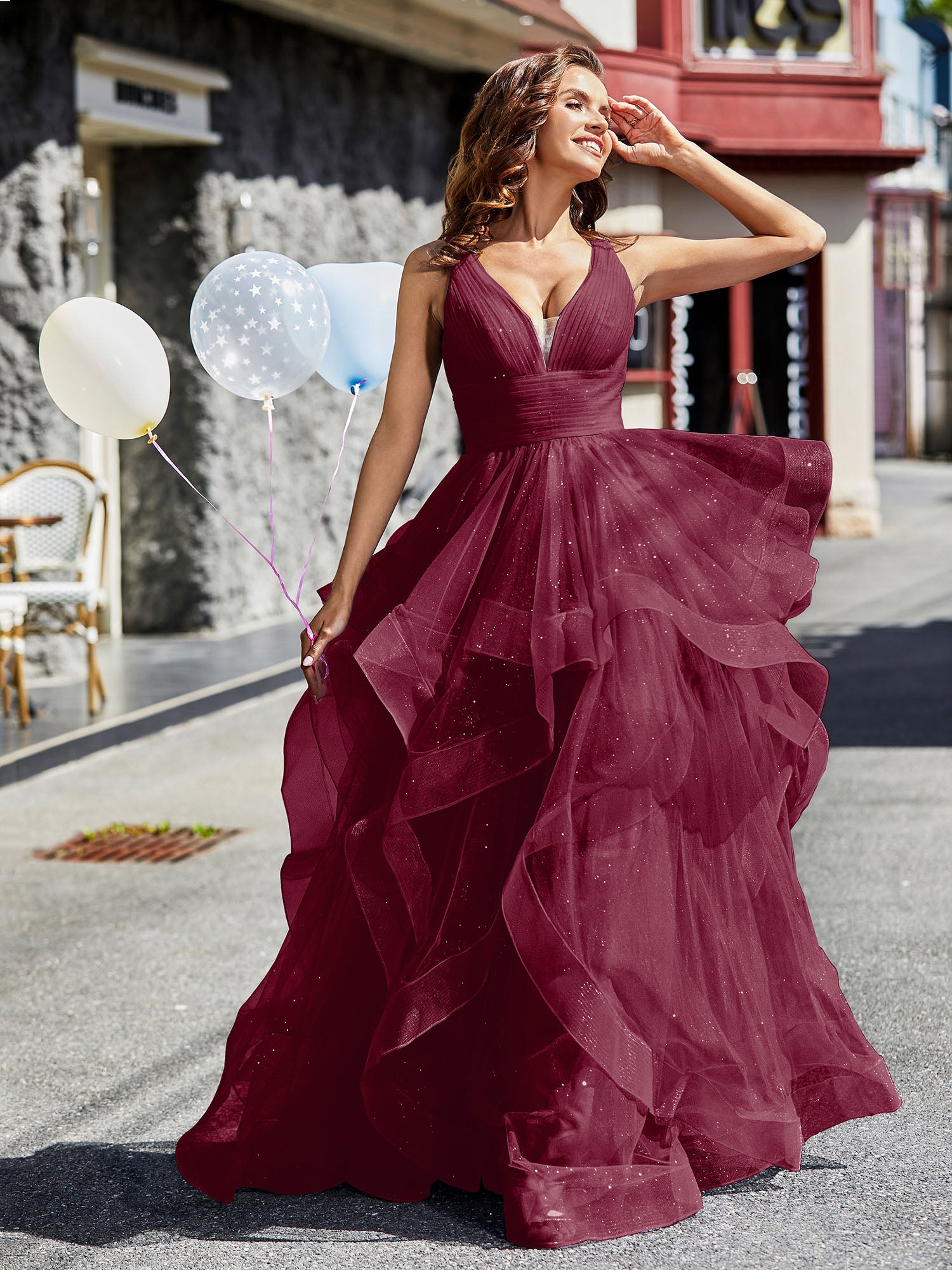 BABARONI BABARONI Tulle Burgundy Prom Dresses A-line Plunging V-Neck Sleeveless Ruffle Pleated, Burgundy / US0 BABARONI BABARONI Tulle Burgundy Prom Dresses A-line Plunging V-Neck Sleeveless Ruffle Pleated, Burgundy / US0