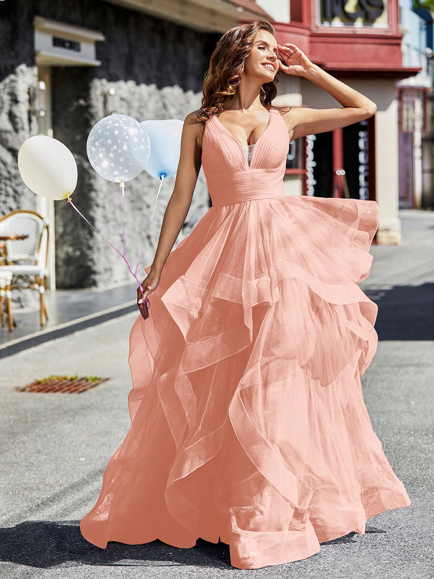 green emerald velvet dress BABARONI BABARONI Tulle Coral Prom Dresses A-Line Plunging V-Neck Sleeveless Ruffle Pleated, Coral / US0