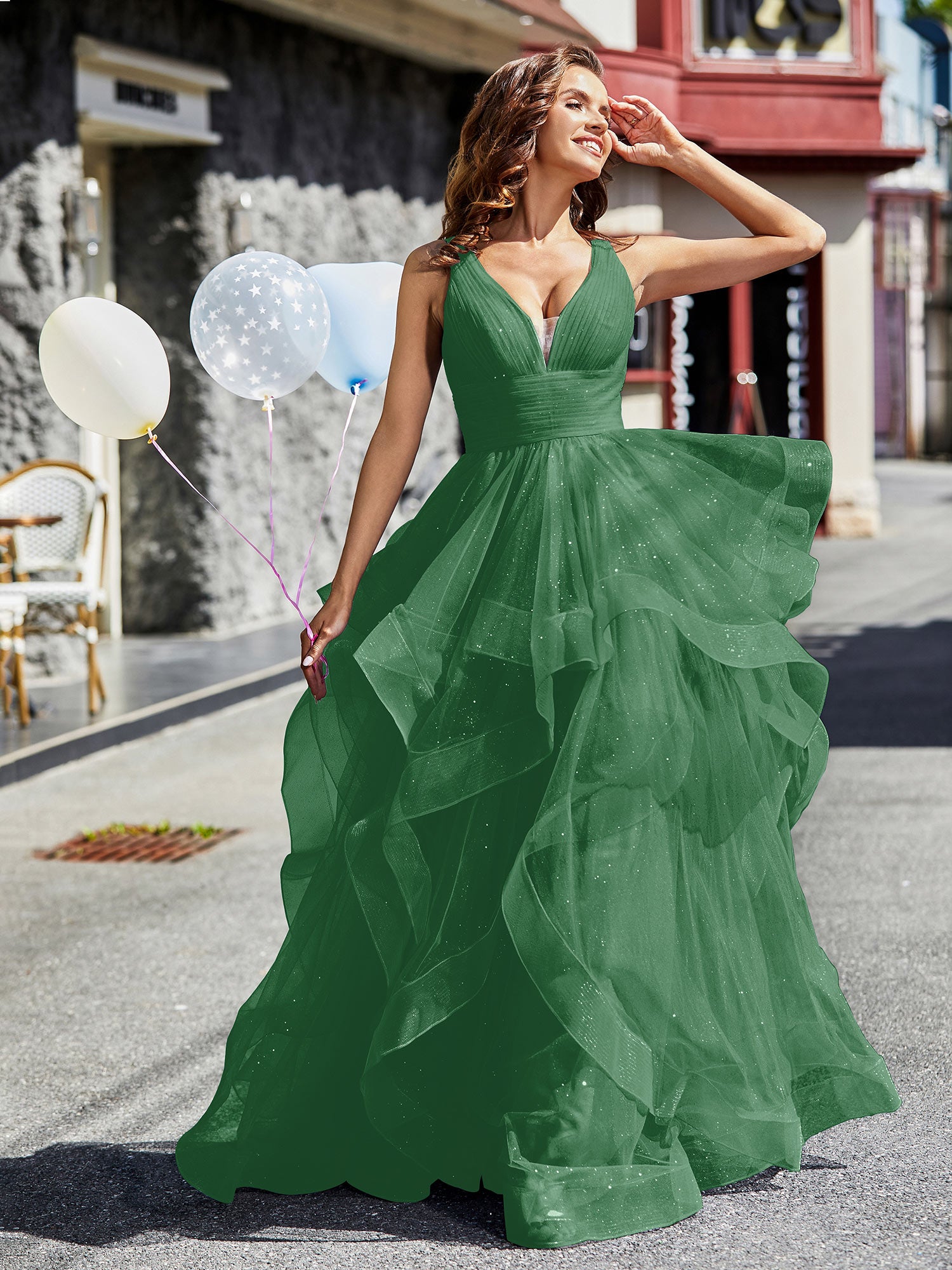 emerald green prom dress with date Zapaka Women Saprkly Dark Green Long Prom Dress with Pockets A-Line Spaghetti Straps Formal Dress with Sequins, Dark Green / US4 main image 0