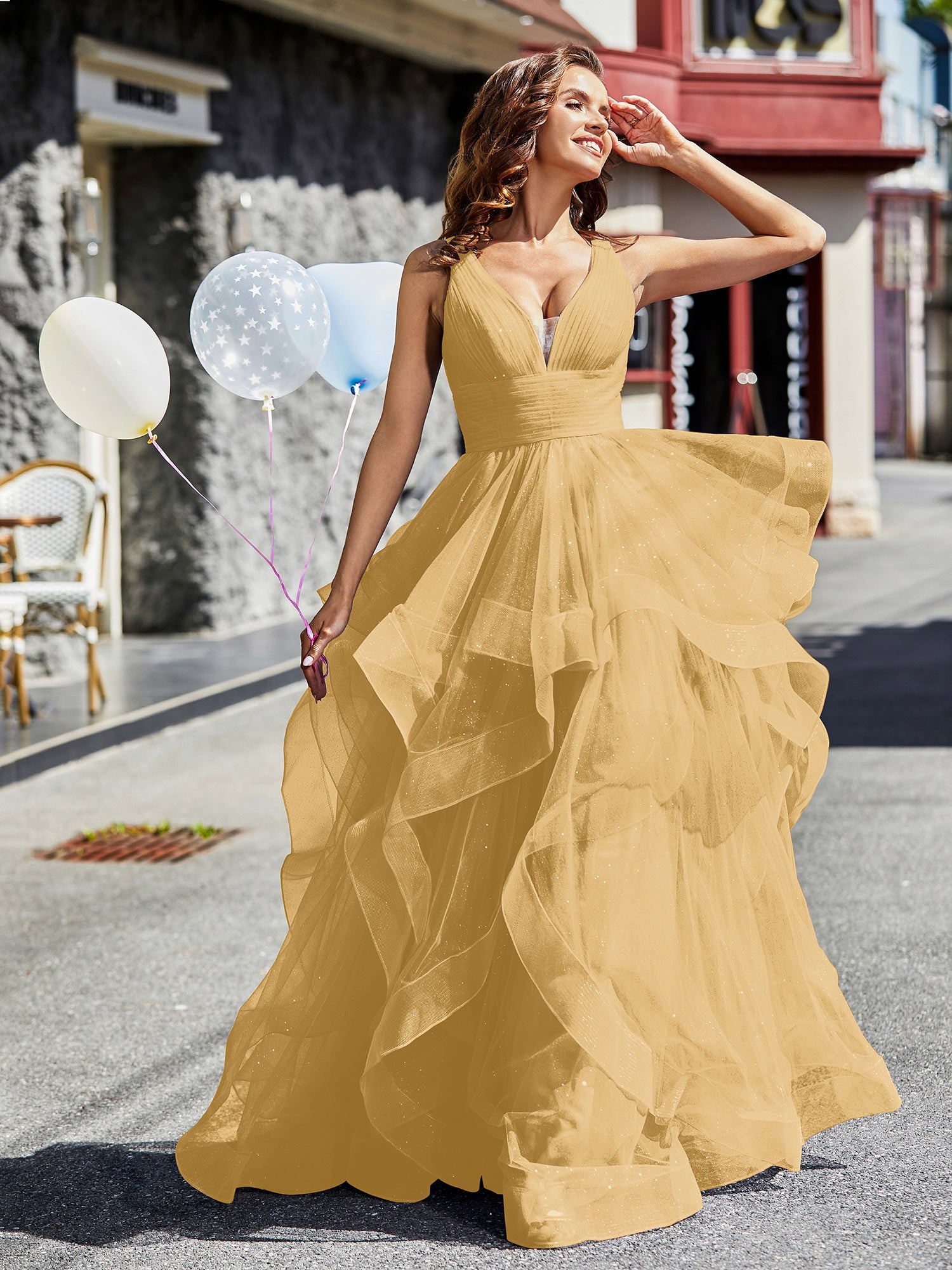 BABARONI Tulle Gold Prom Dresses A-line Plunging V-Neck Sleeveless Ruffle  Pleated