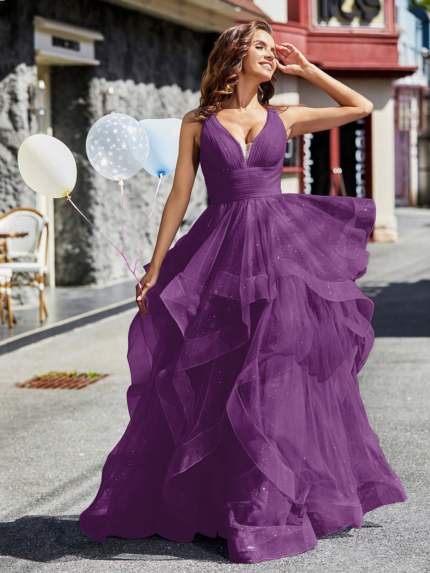 BABARONI BABARONI Tulle Grape Prom Dresses A-Line Plunging V-Neck Sleeveless Ruffle Pleated, Grape / US0