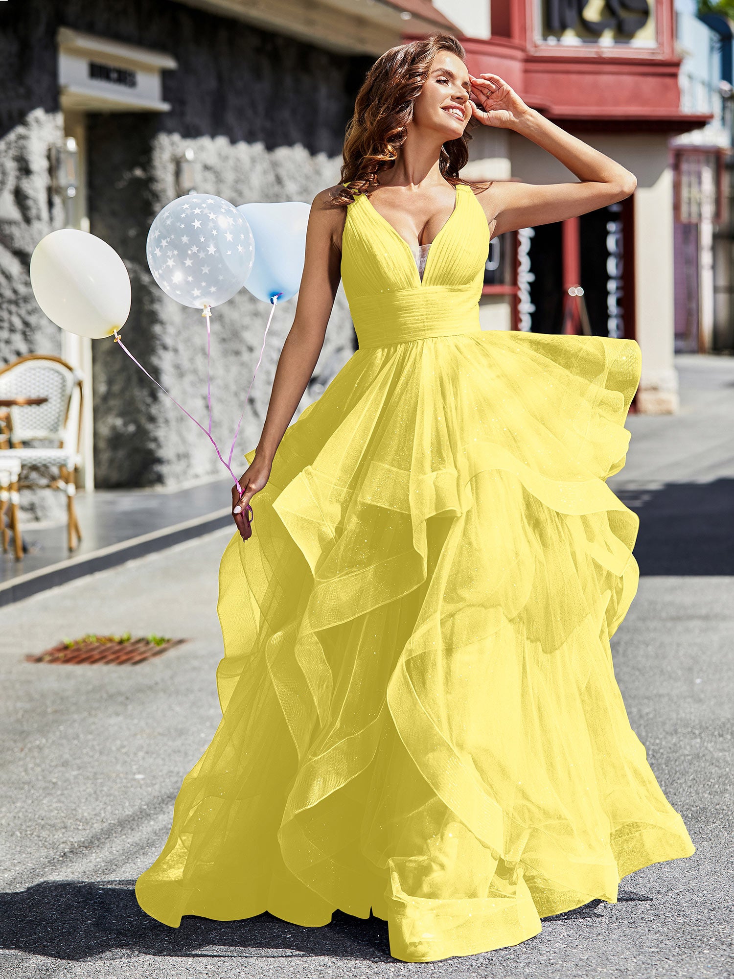 BABARONI BABARONI Tulle Lemon Prom Dresses A-Line Plunging V-Neck Sleeveless Ruffle Pleated, Lemon / US0