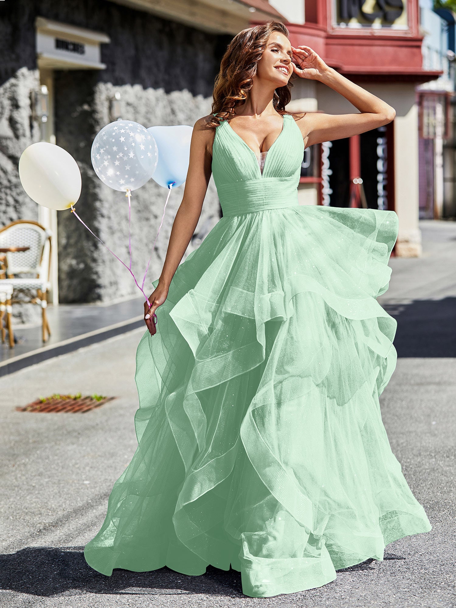 BABARONI Tulle Mint Green Prom Dresses A-line Plunging V-Neck Sleeveless Ruffle Pleated, Mint Green / US0