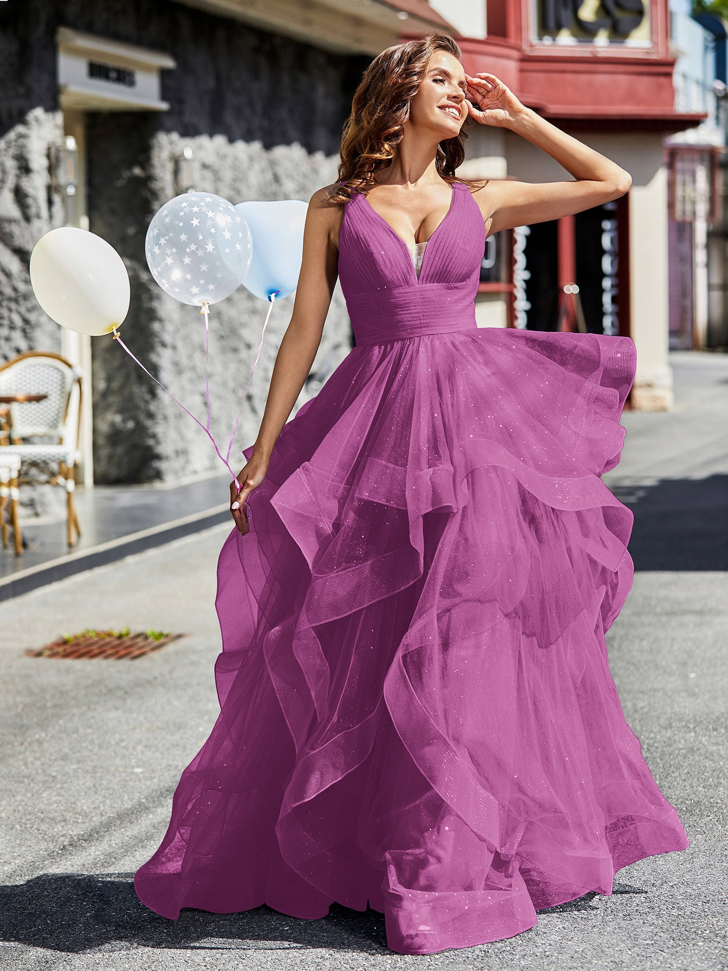 BABARONI BABARONI Tulle Orchid Prom Dresses A-Line Plunging V-Neck Sleeveless Ruffle Pleated, Orchid / US0