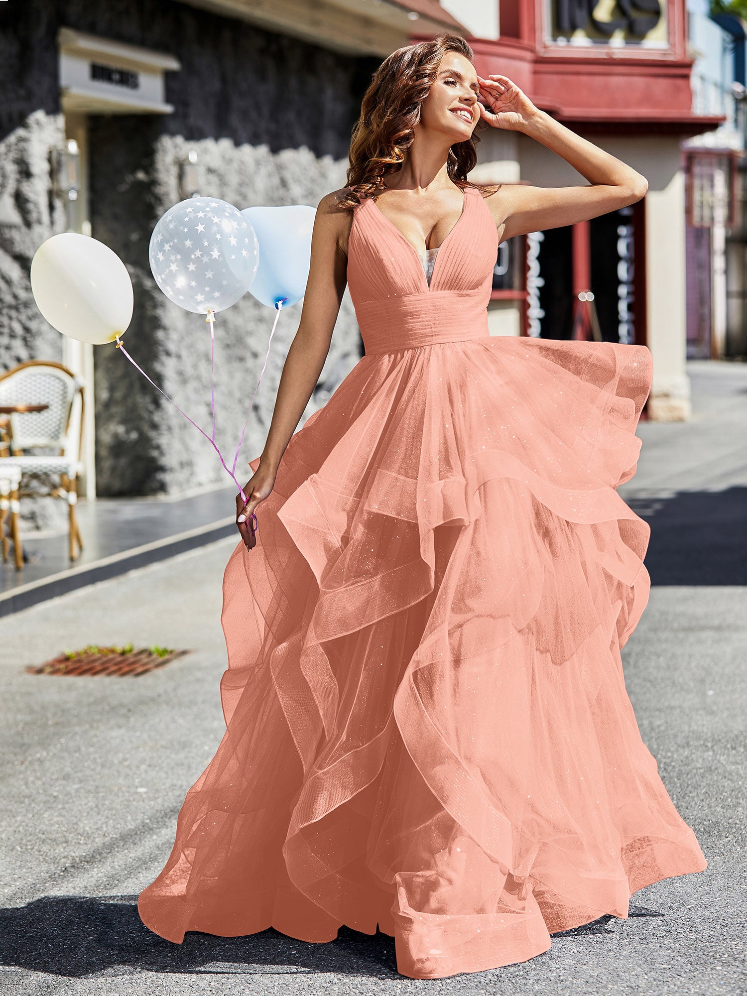 BABARONI BABARONI Tulle Papaya Prom Dresses A-line Plunging V-Neck Sleeveless Ruffle Pleated, Papaya / US0 BABARONI BABARONI Tulle Papaya Prom Dresses A-line Plunging V-Neck Sleeveless Ruffle Pleated, Papaya / US0