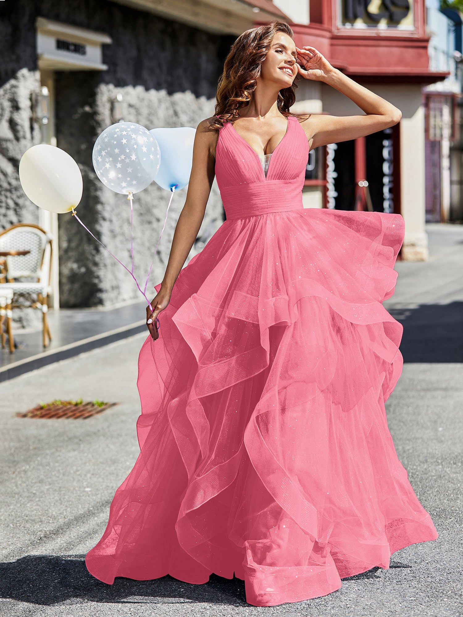 BABARONI BABARONI Tulle Watermelon Prom Dresses A-line Plunging V-Neck Sleeveless Ruffle Pleated, Watermelon / US0 BABARONI BABARONI Tulle Watermelon Prom Dresses A-line Plunging V-Neck Sleeveless Ruffle Pleated, Watermelon / US0
