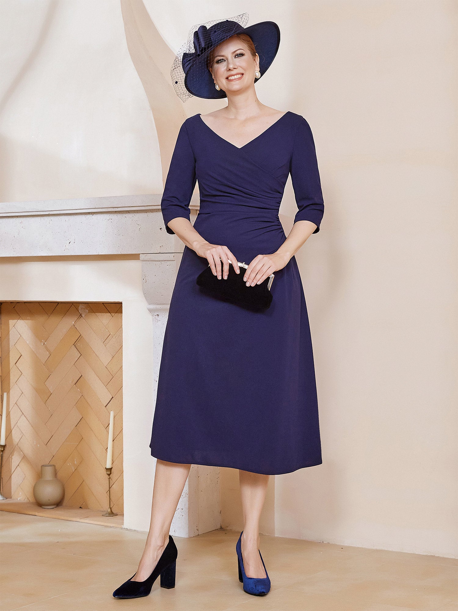 BABARONI V-Neck Mother of the Bride Dress Half Sleeve Pleated Stretch Crepe Midi Gown BABARONI V-Neck Mother of the Bride Dress Half Sleeve Pleated Stretch Crepe Midi Gown