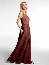 Lace Bodice Chiffon Skirt Maxi Dress with V-neck-Terracotta
