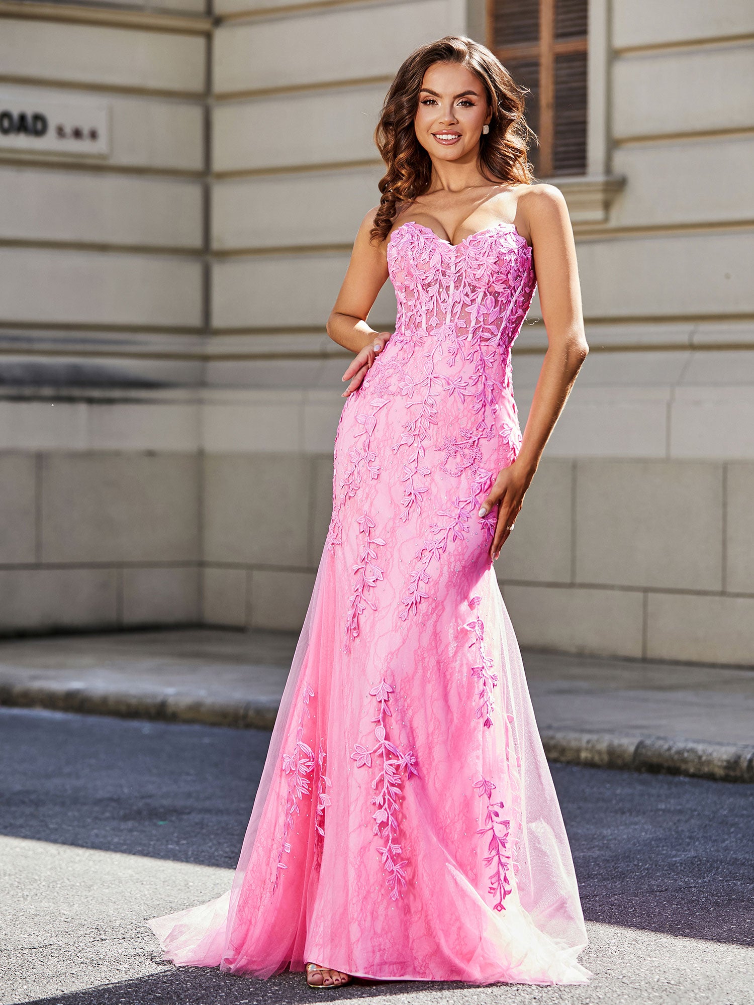 pink dress prom BABARONI Tulle Lace Dresses Trumpet/Mermaid Sleeveless Ruffle Appliqued Lace, Pink / US0 Size:Small (Size 0/2) H&M Off the shoulder feminine look long dresess