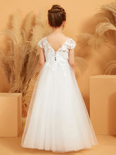 V-neck Floral Appliqued Ball Gown Tulle Flower Girl Dress