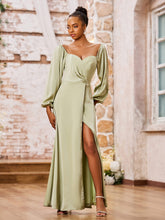 Sweetheart Neck A-line Long Sleeves High Slit Dresses Dusty Sage