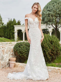 Off-the-shoulder Appliqued Sheath Lace Bridal Gown Ivory