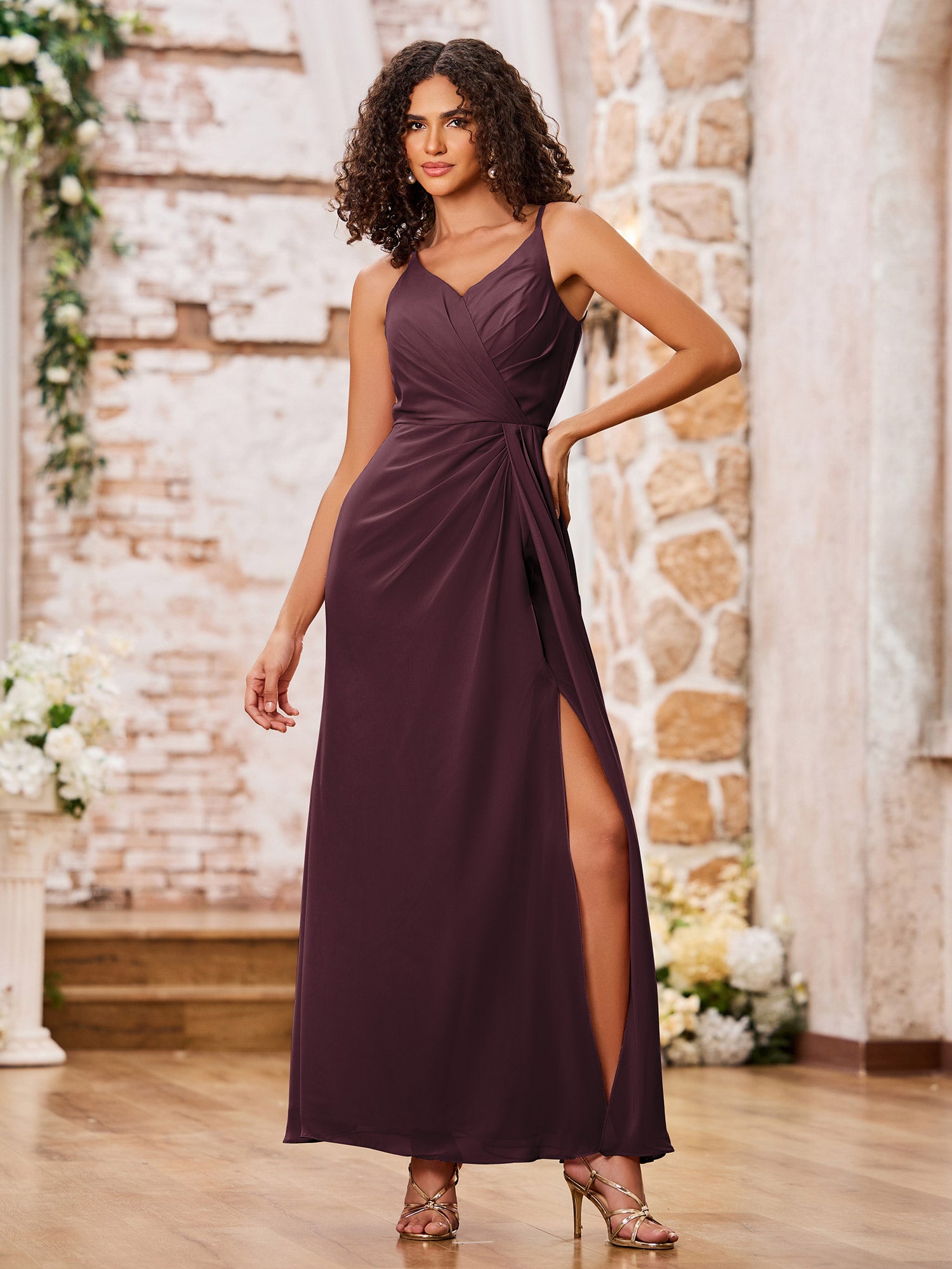 Sweetheart Neck Chiffon Dress with Spaghetti Straps Cabernet Plus Size