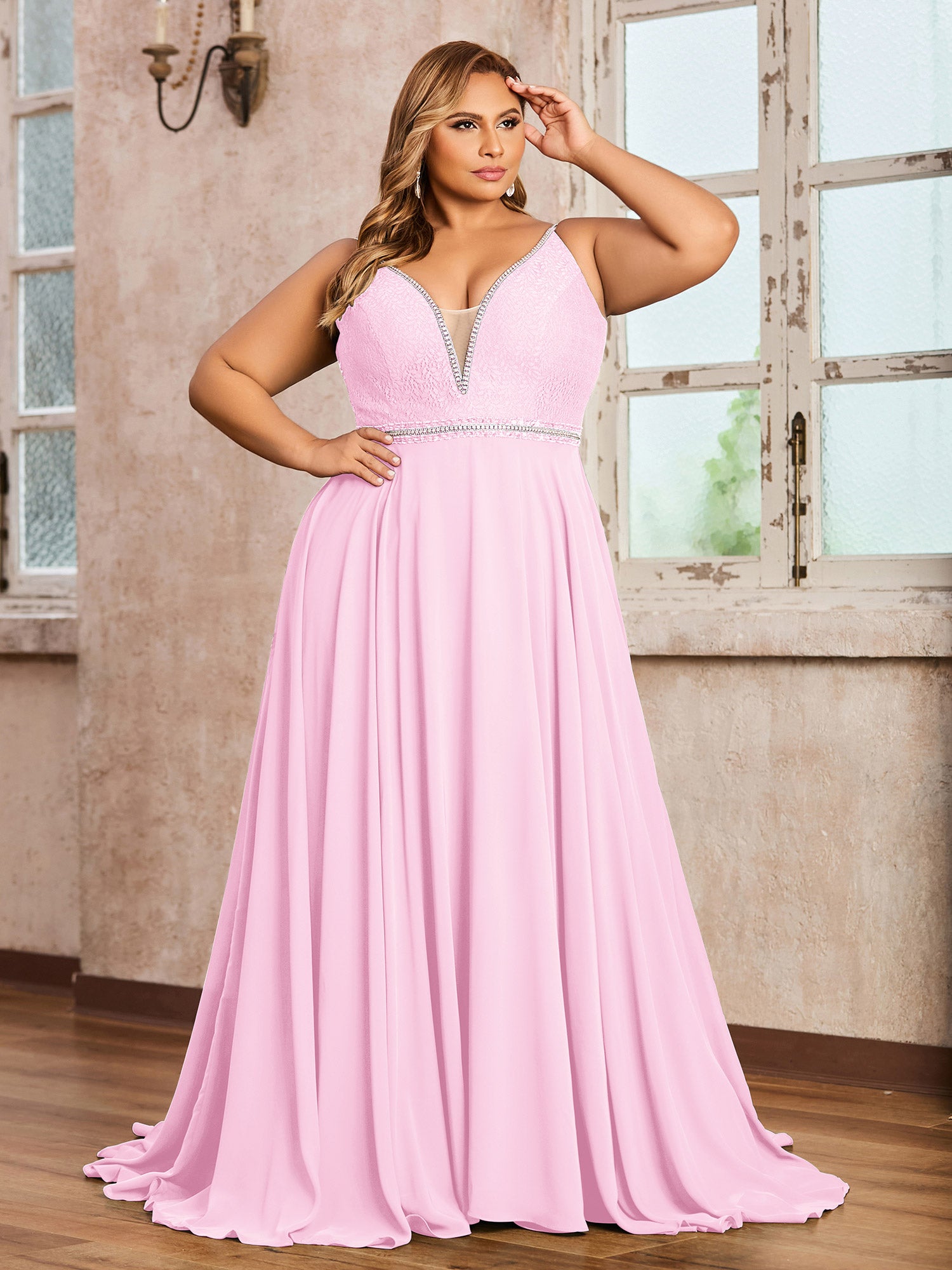 Cross Pleated Bodice Spaghetti Straps Satin Dresses Candy Pink Plus Size