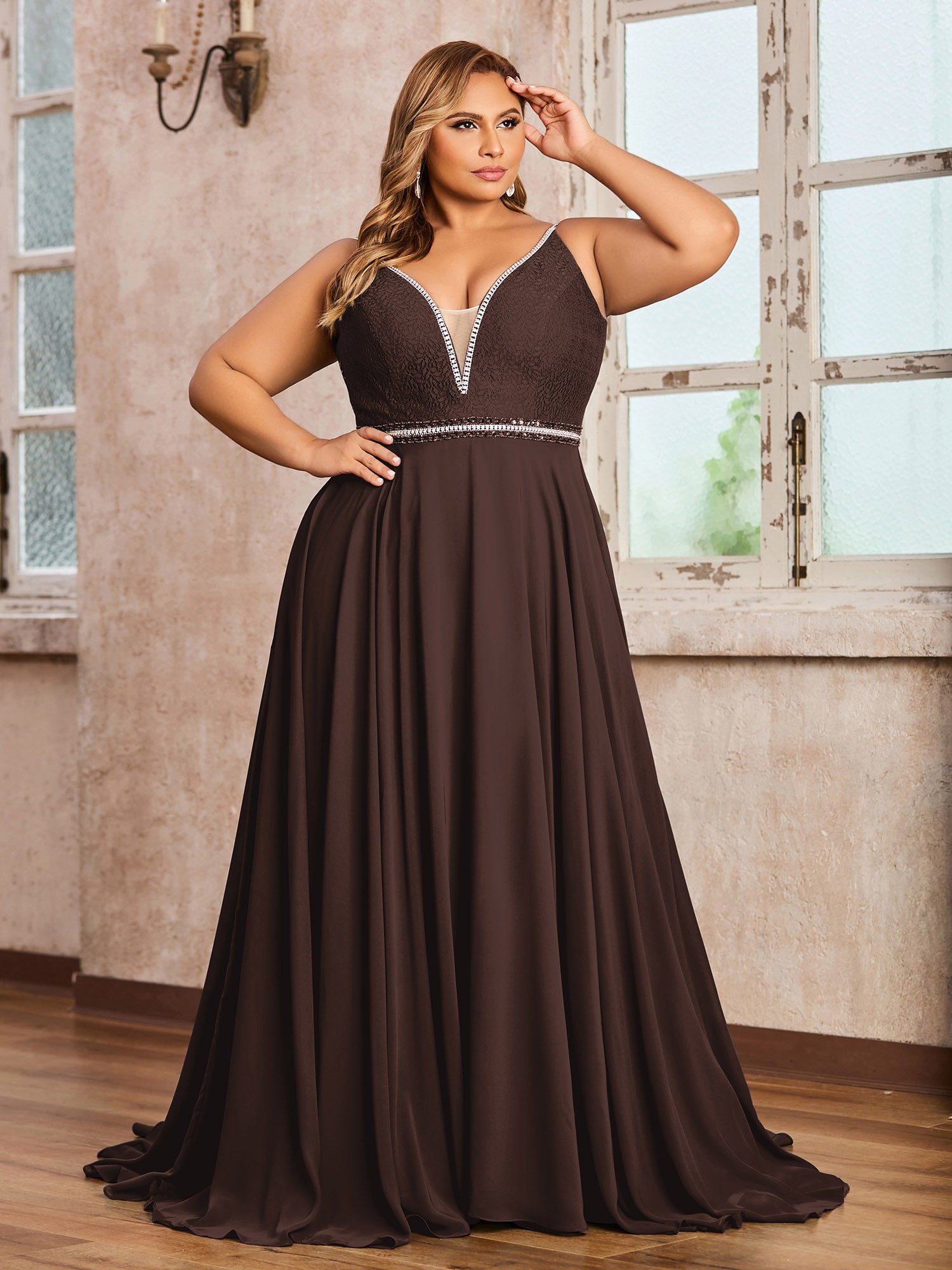 BABARONI Spaghetti Strap Lace and Chiffon Gown-Chocolate Plus Size, Chocolate / US18 BABARONI Spaghetti Strap Lace and Chiffon Gown-Chocolate Plus Size, Chocolate / US18