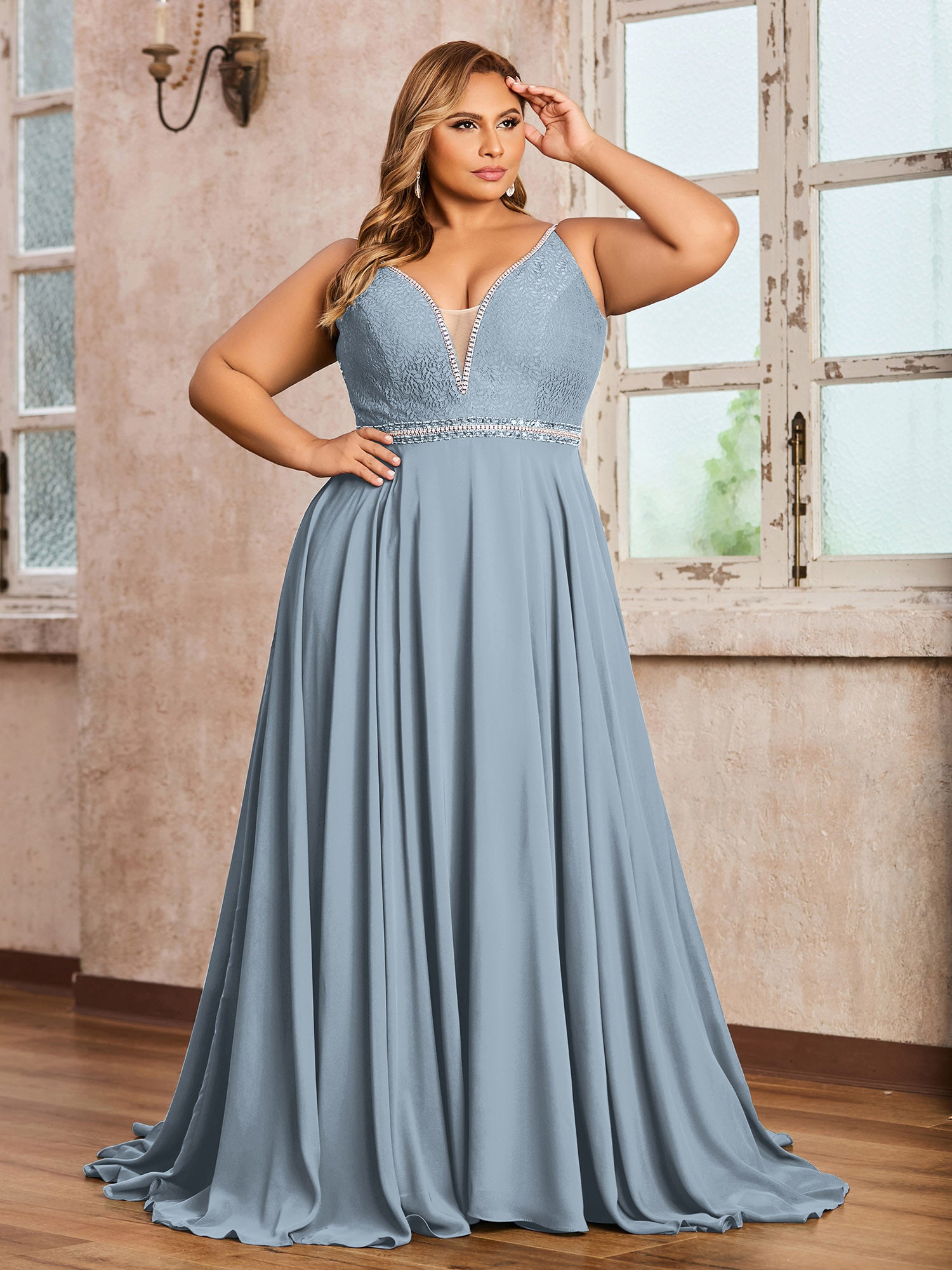 Long Halter Chiffon Dress with Back Double Straps Dusty Blue Plus Size