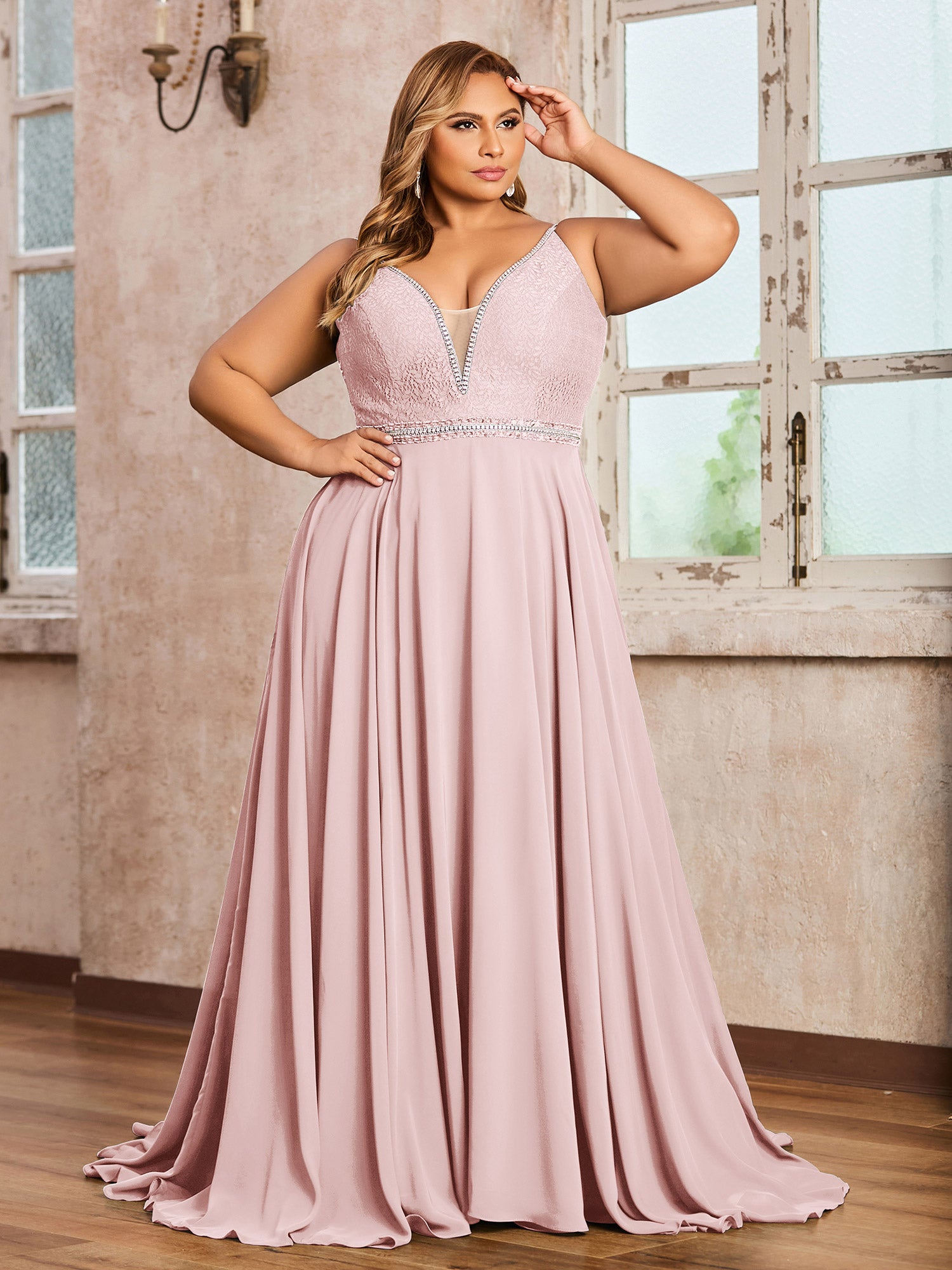 Tulle Pleated Bodice Spaghetti Straps Dresses Dusty Rose Plus Size