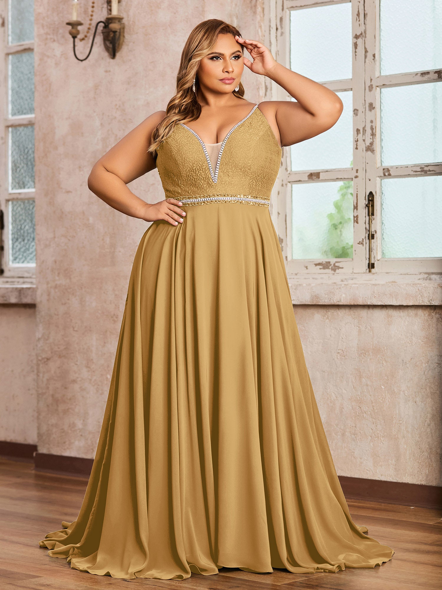 BABARONI Spaghetti Strap Lace and Chiffon Gown-Gold Plus size, Gold / US18