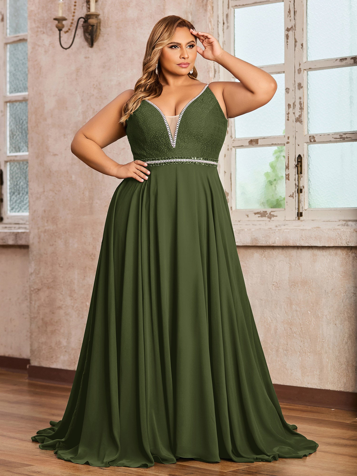 BABARONI Spaghetti Strap Lace and Chiffon Gown-Olive Green, Olive Green / US0