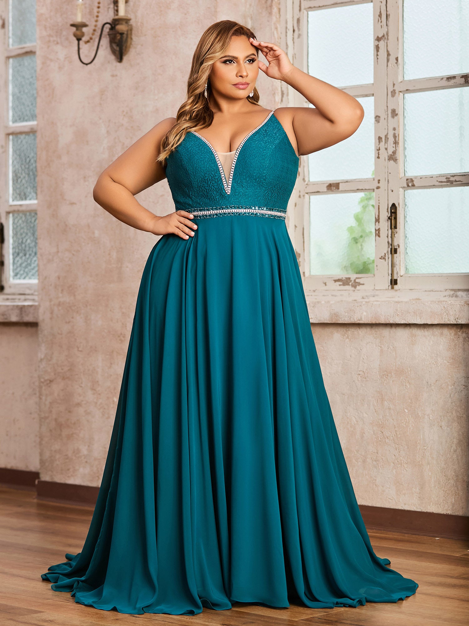 Chiffon and Lace Hlater Long Gowns Peacock Plus Size