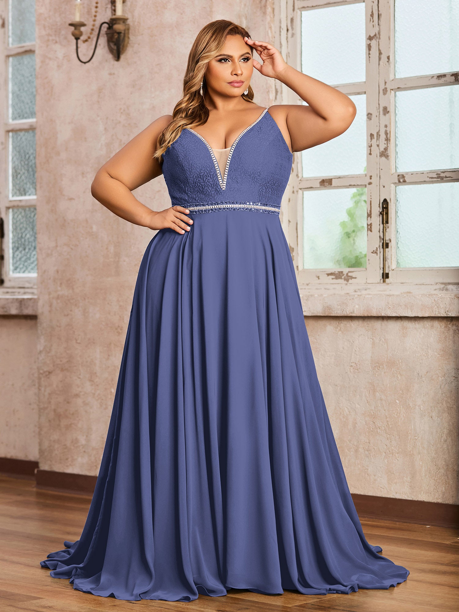 V-neck Simple Chiffon Full Length Dresses Periwinkle Plus Size main image 0