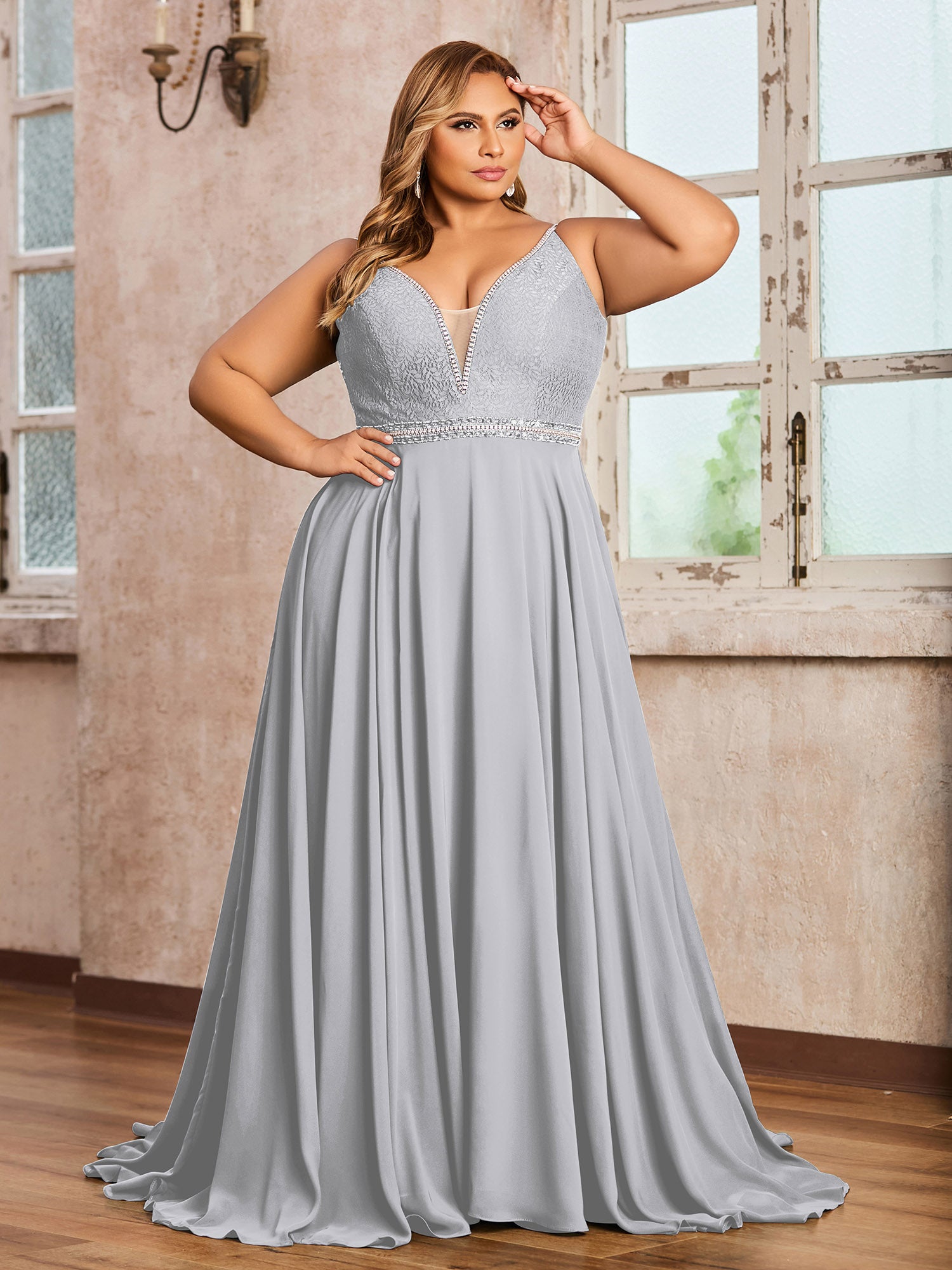 BABARONI Spaghetti Strap Lace and Chiffon Gown-Silver Plus Size, Silver / US18