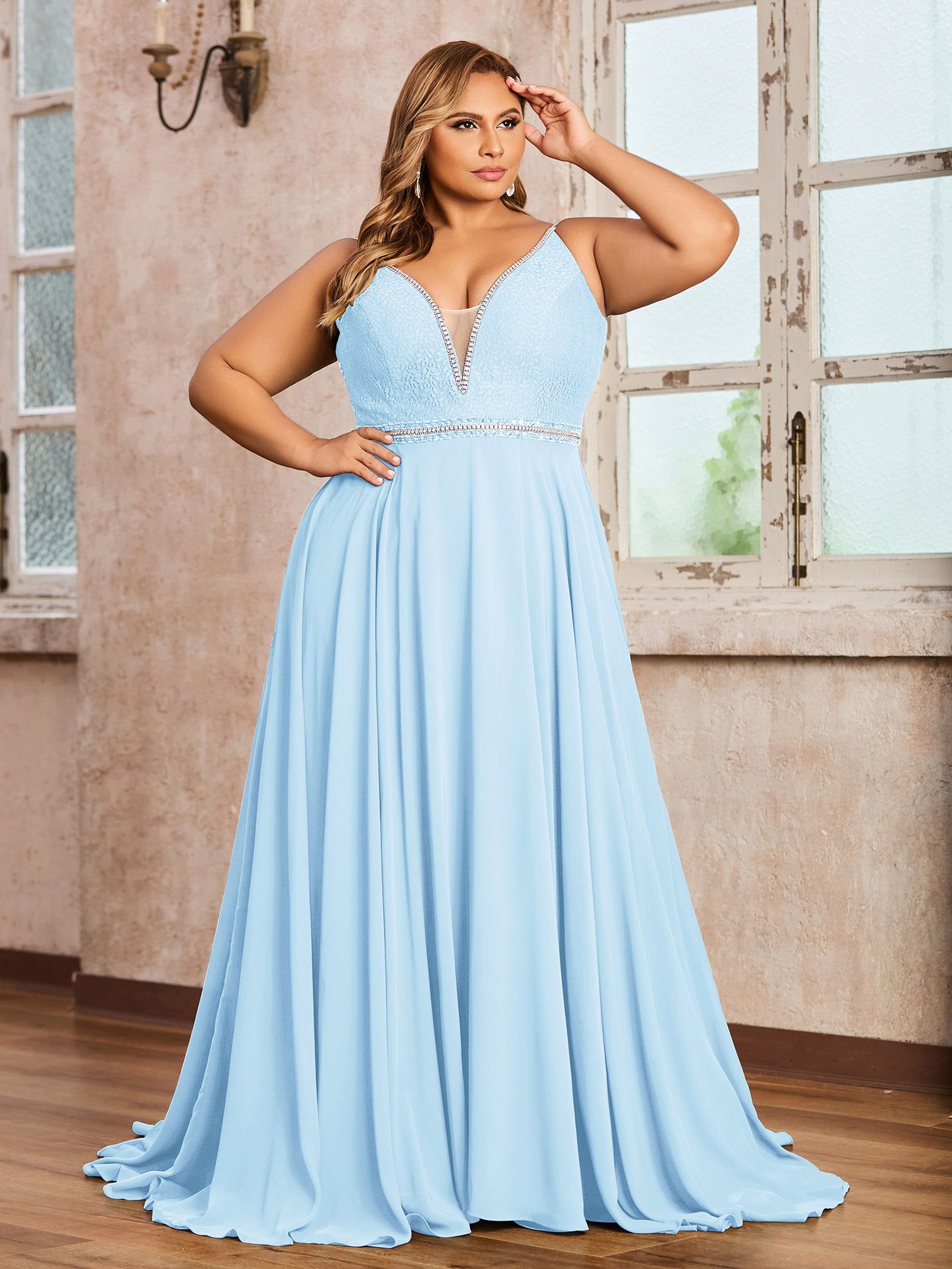 BABARONI Chiffon Sky Blue Bridesmaid Dresses V-neck Sweep/Brush Train