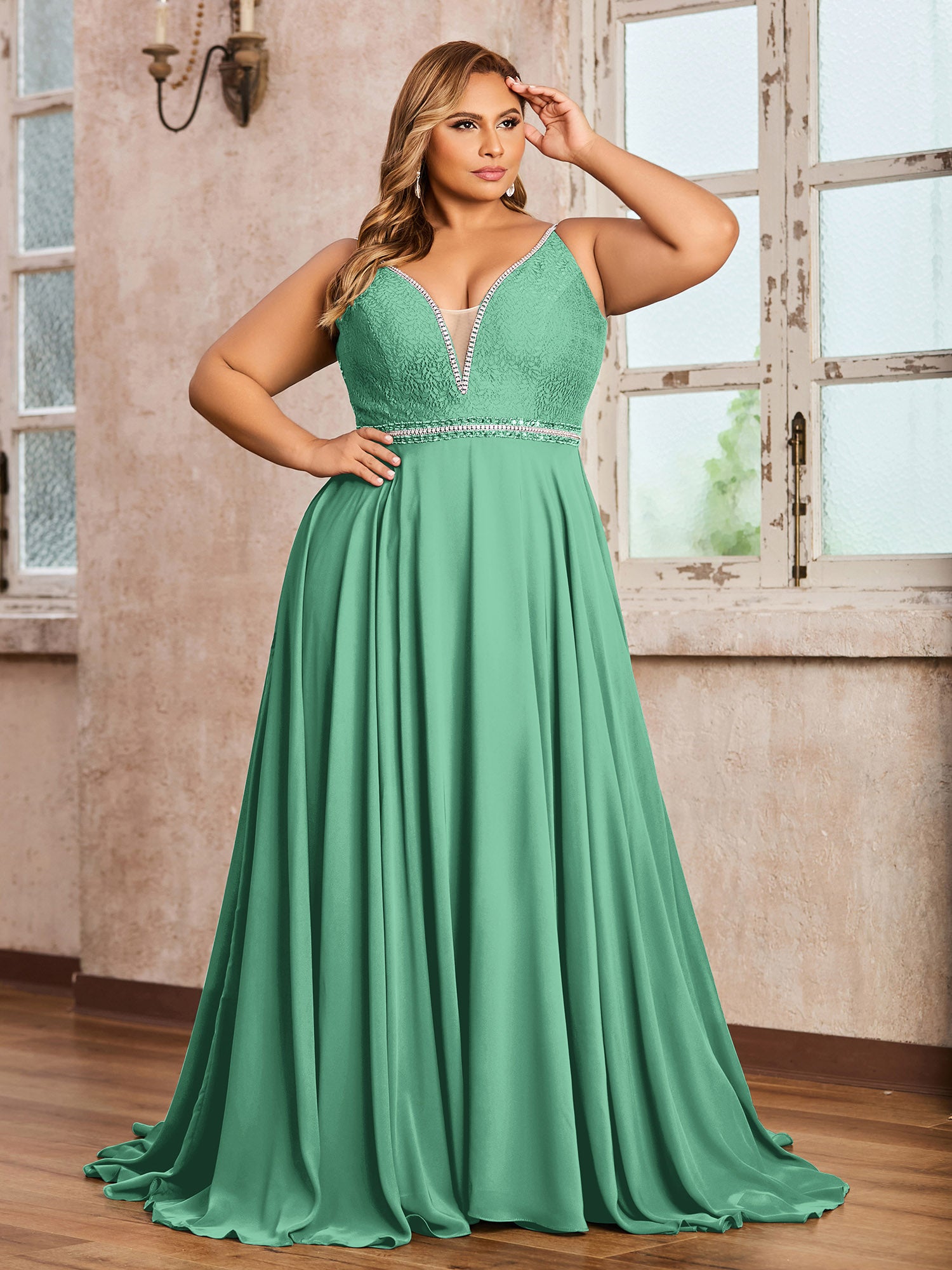 Chiffon Gown with Spaghetti Straps and Cascade Skirt Emerald Plus Size