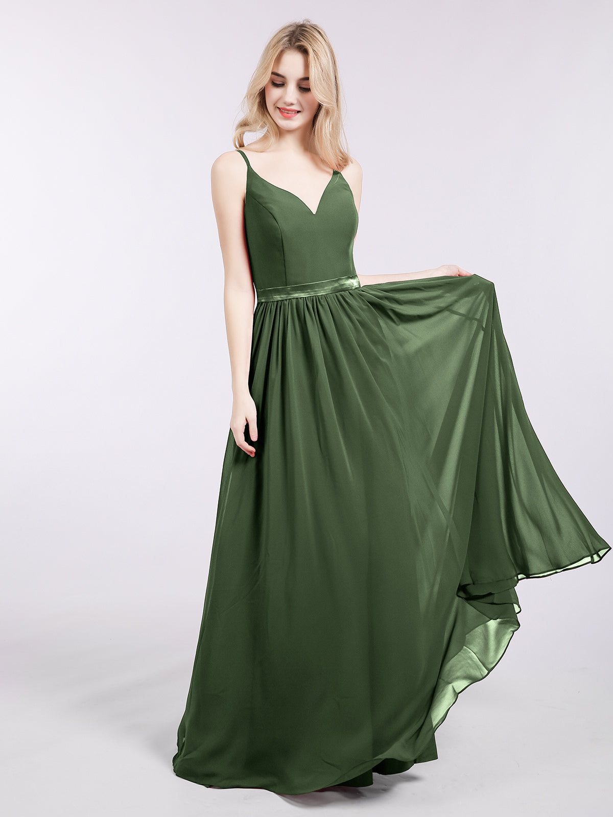 One Shoulder Flower Attached Chiffon Gown with Pockets Olive Green Plus Size main image 1