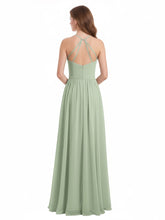 Halter Long Chiffon Gowns with Double Straps-Dusty Sage