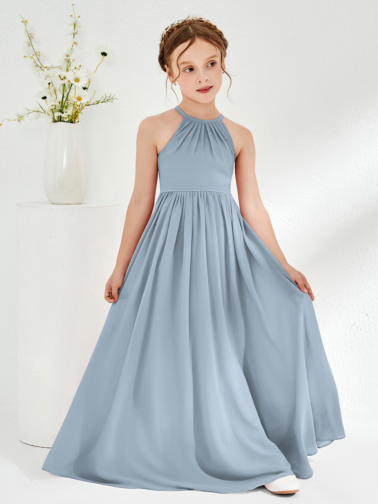 BABARONI Chiffon Dusty Blue Junior Bridesmaid Dresses A-line Halter