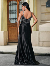 Diamond Corset Ruched High Slit Maxi Dress Black