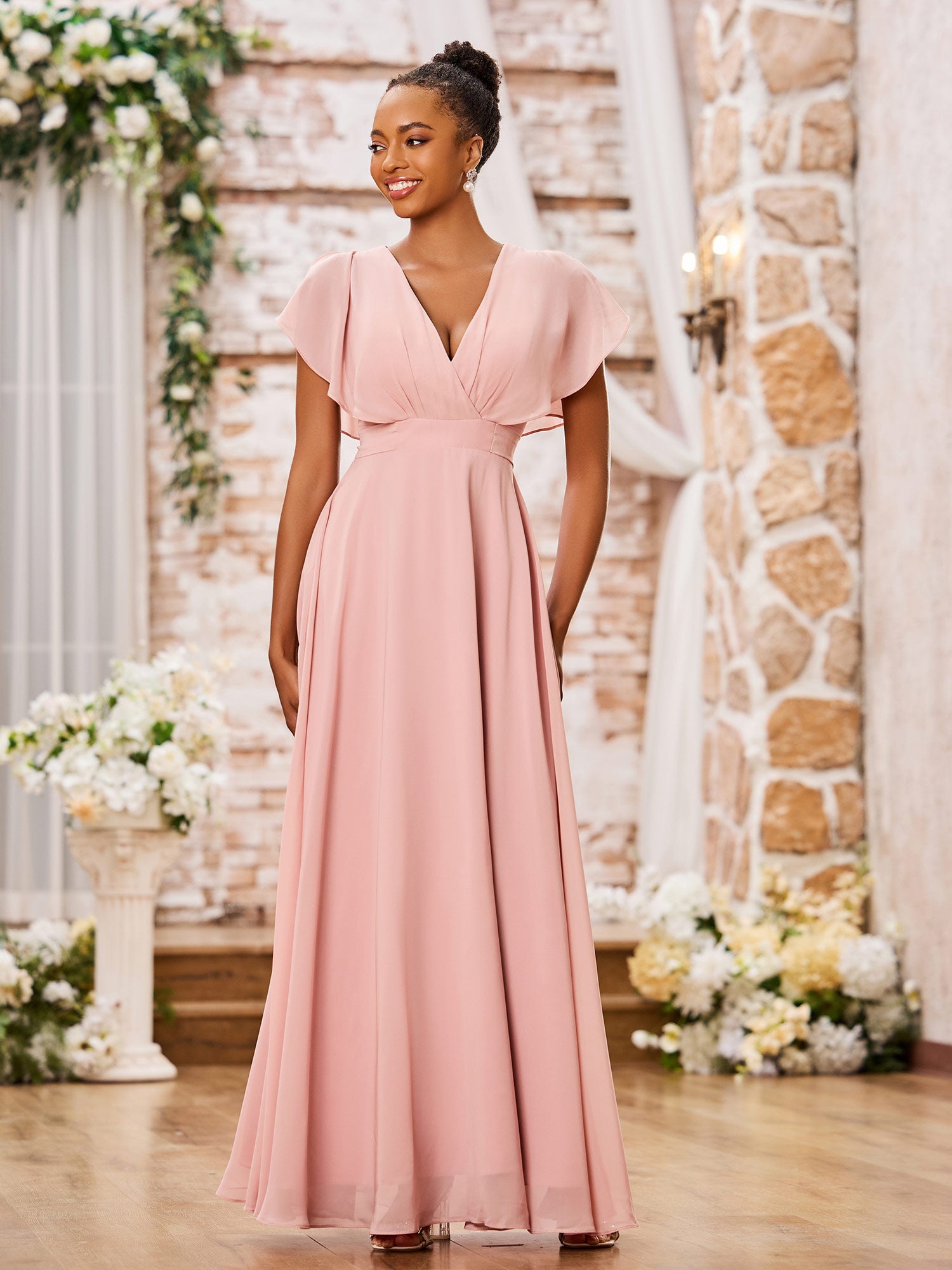 BABARONI A-line Deep V-neck Long Chiffon Cap Sleeves Dresses Dusty Rose, Dusty Rose / US0 BABARONI A-line Deep V-neck Long Chiffon Cap Sleeves Dresses Dusty Rose, Dusty Rose / US0