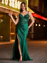 Appliqued Corset High Slit Shine Satin Maxi Dress Dark Green