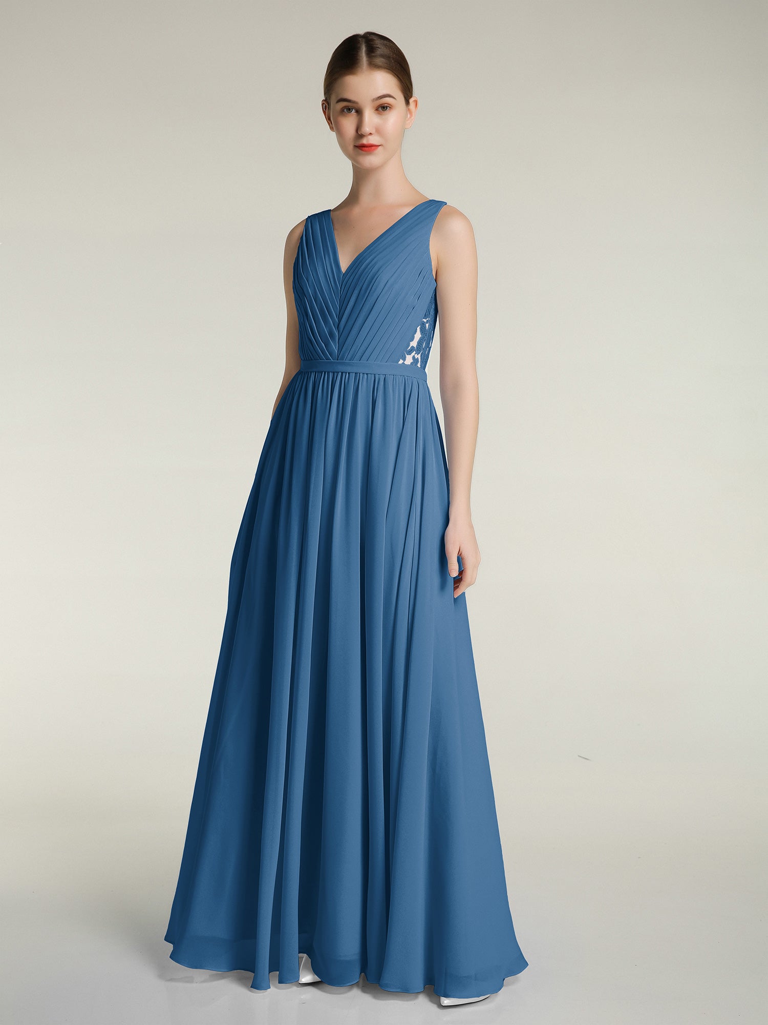 A-line Chiffon Open Back Dress With V-Neck Ink Blue Plus Size