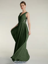 V-neck Chiffon Dresses with Lace Back-Olive Green