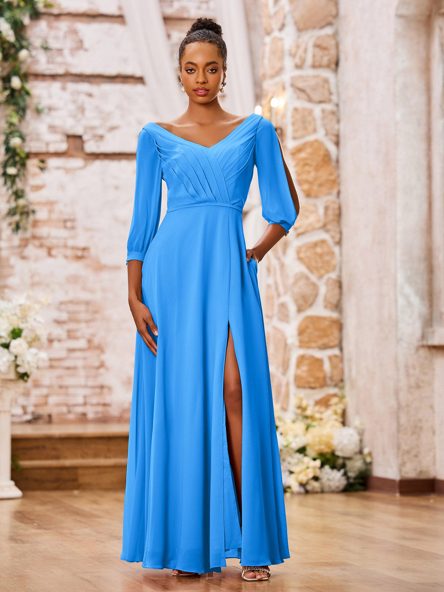 BABARONI Chiffon Ocean Blue Bridesmaid Dresses V-neck Floor-length 3/4