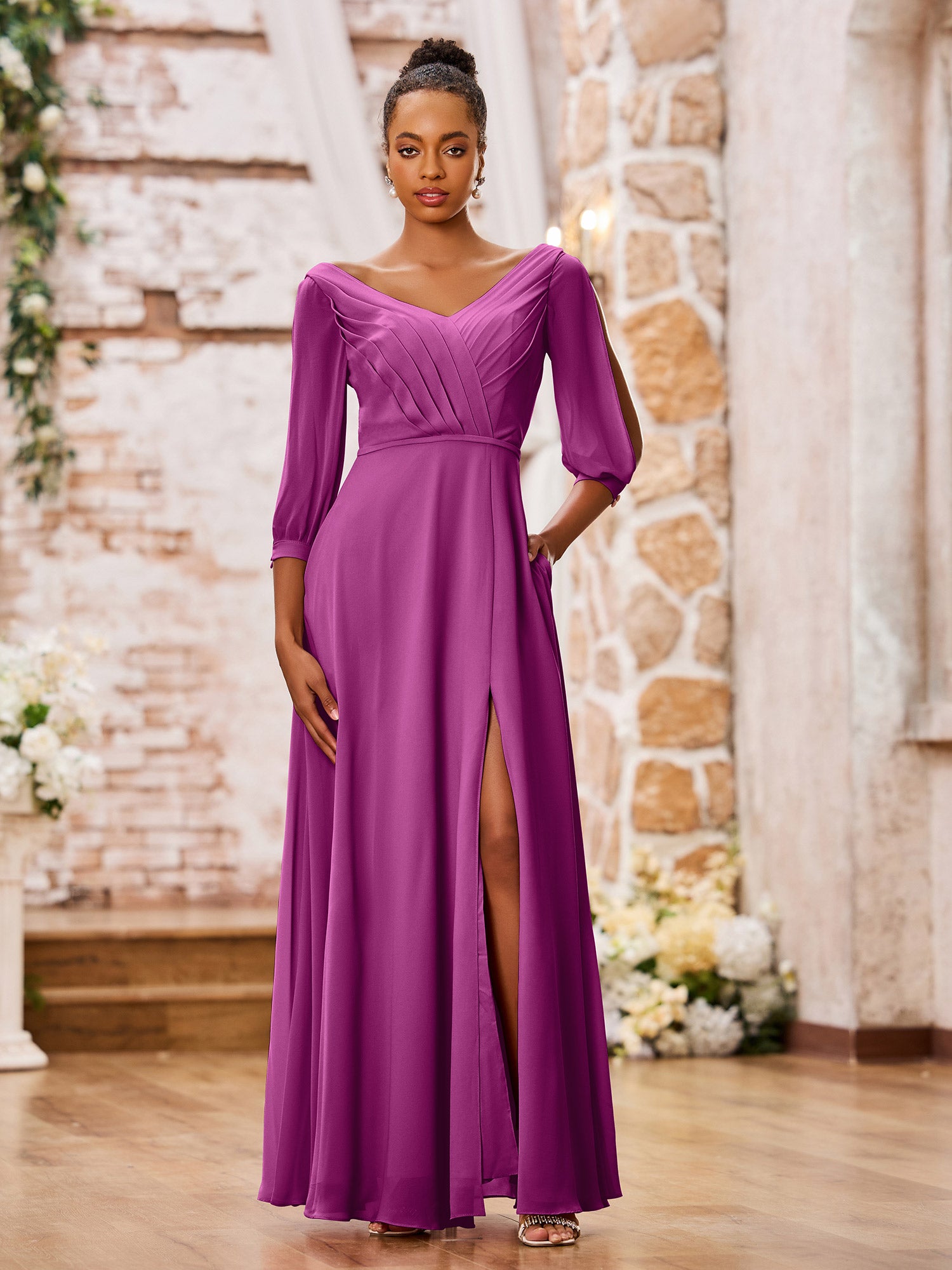 Halter Neck Max Chiffon Dresses with Slit Azalea main image 1