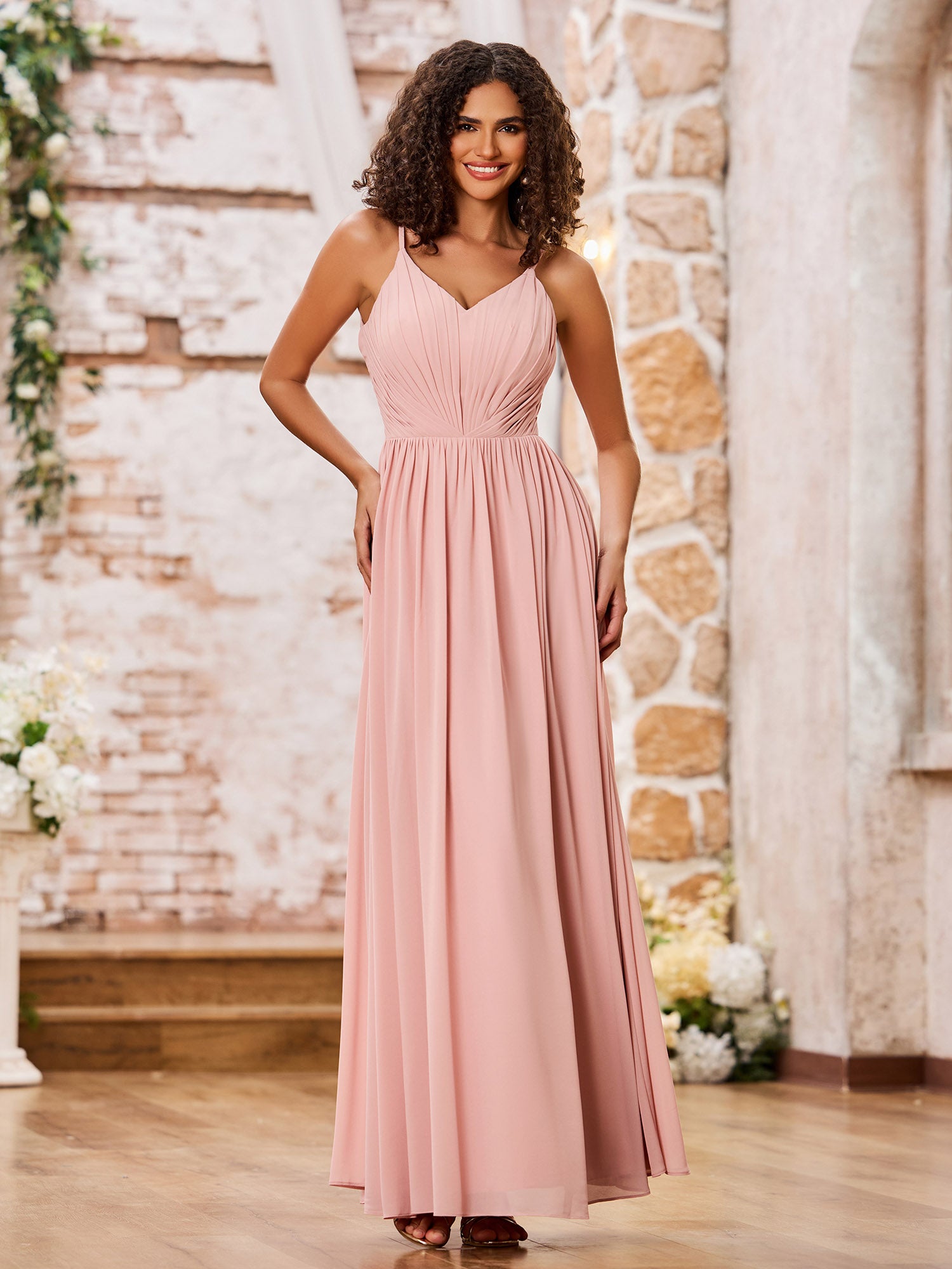 BABARONI A-Line Spaghetti Straps Pleated Maxi Chiffon Dresses Dusty Rose, Dusty Rose / US0