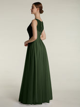 Illusion V-neck Tulle Long Dresses-Olive Green