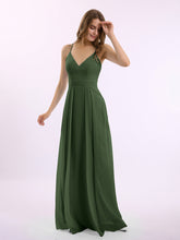 Spaghetti Strap V-neck Chiffon Gowns with Pocket-Olive Green
