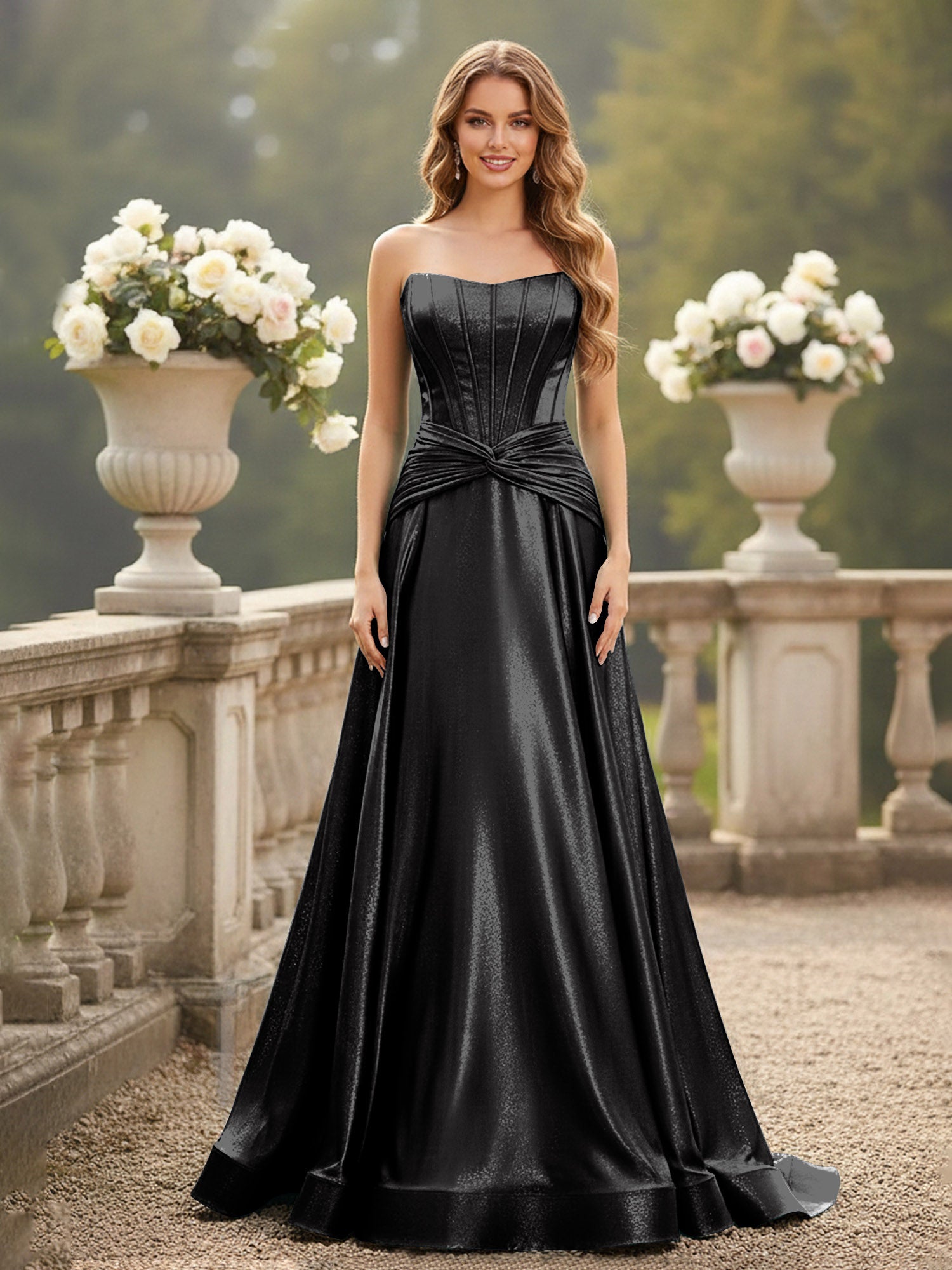 BABARONI Satin Black Prom Dresses A-line Strapless Sleeveless Pleated