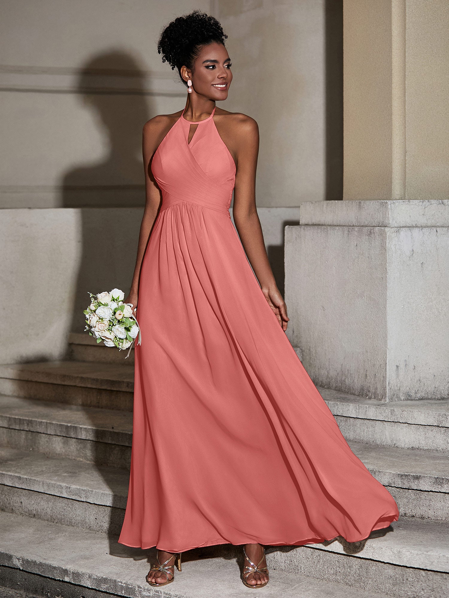 BABARONI Chiffon Sunset Bridesmaid Dresses Halter Floor-length