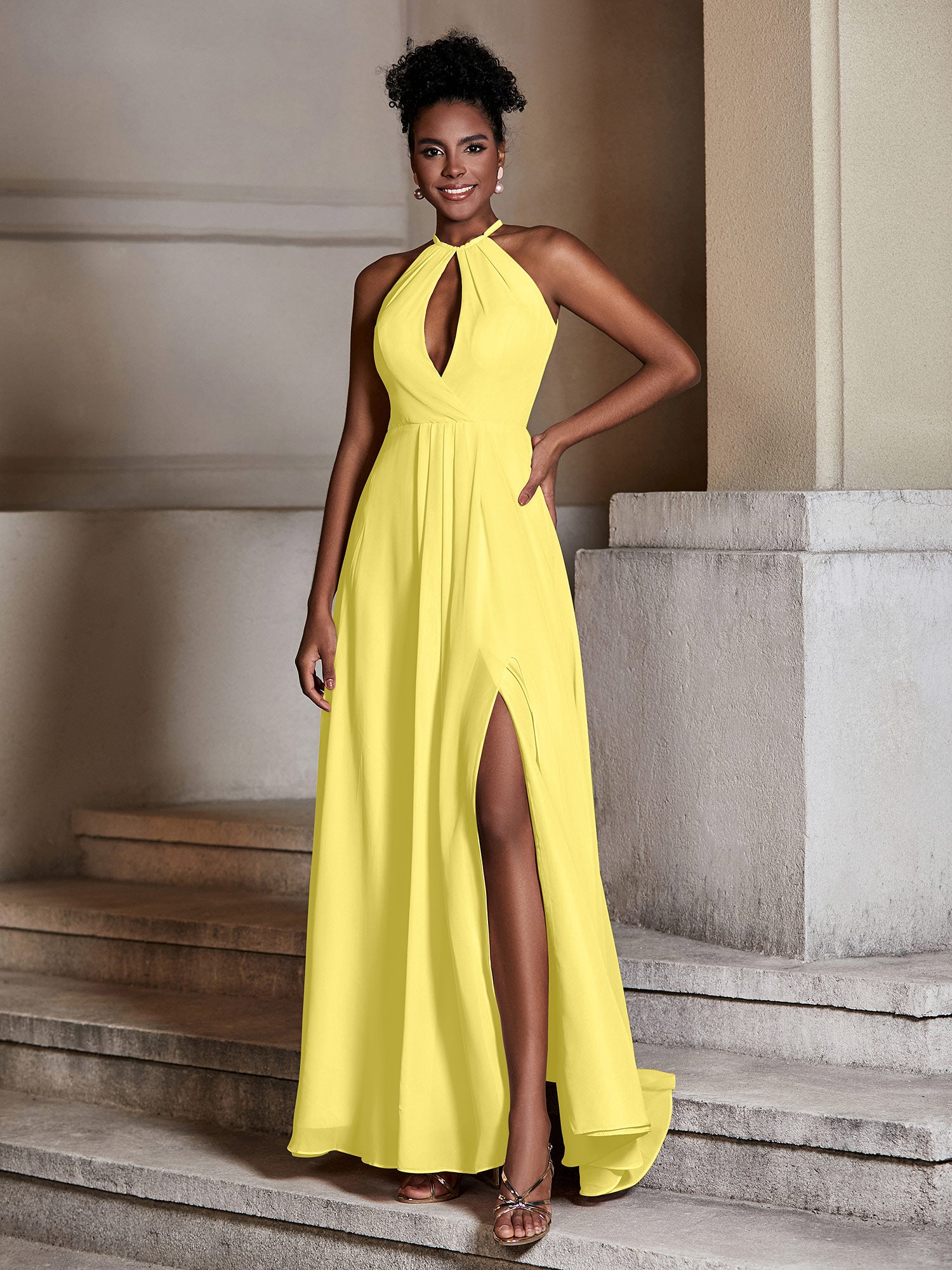 Short Halter Chiffon Bridesmaid Gown Lemon Plus Size