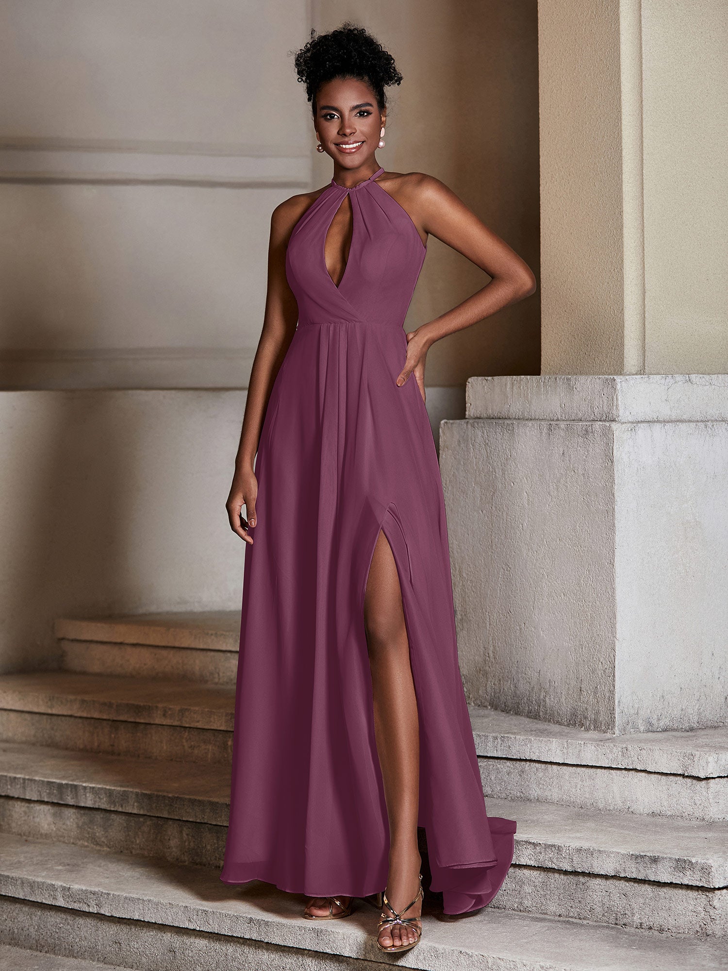 Deep Brown Halter Neck Drape Sleeves Chiffon Long Dress main image 0