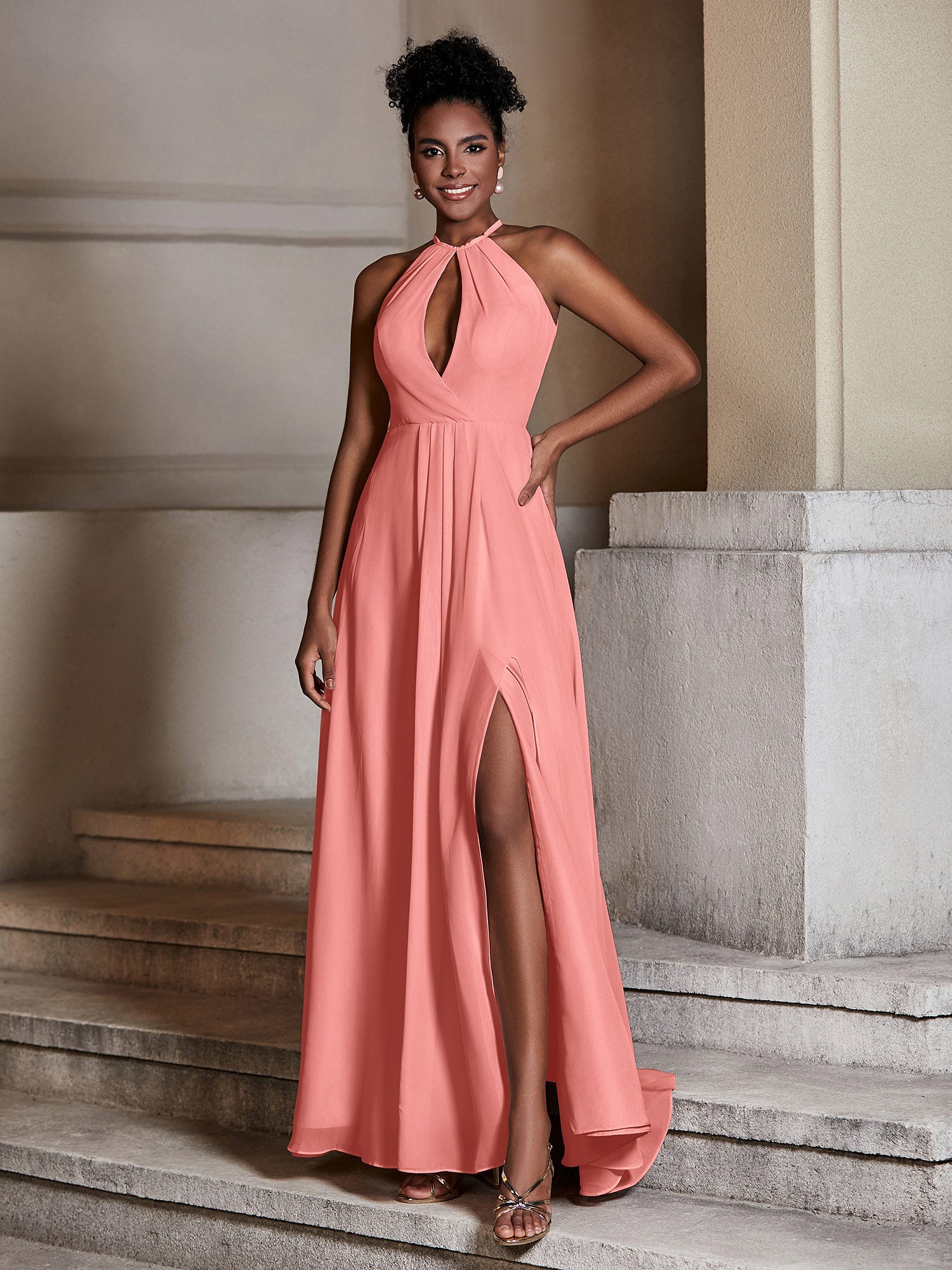 BABARONI Chiffon Sunset Bridesmaid Dresses Halter Floor-length